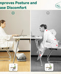Image showing a person using an Under Desk Heated Foot Rest With Adjustable Height And Dual Heat Levels For Office Gaming Or Home Use Comfy Foot Warmer With Vibration Massage To Relieve Back Shoulder And Foot Pain Ergonomic Foot Stool For Enhanced Posture to improve posture.