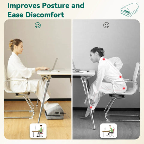 Image showing a person using an Under Desk Heated Foot Rest With Adjustable Height And Dual Heat Levels For Office Gaming Or Home Use Comfy Foot Warmer With Vibration Massage To Relieve Back Shoulder And Foot Pain Ergonomic Foot Stool For Enhanced Posture to improve posture.