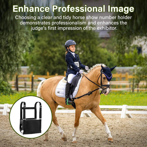 Young rider at horse show with Adjustable Exhibitor Number Harness For 4 H And FFA Shows With 1 Inch Nylon Webbing Lightning Fast