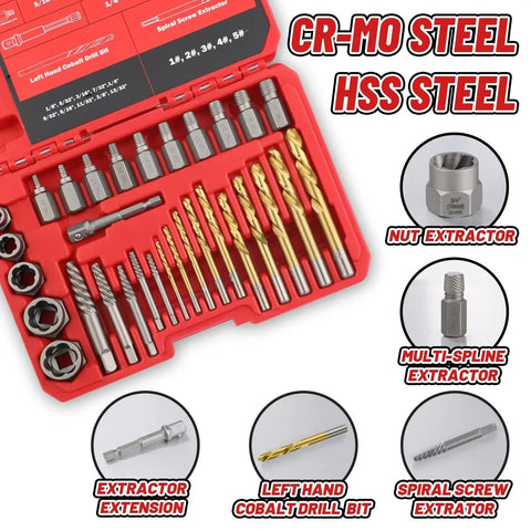35 Piece Spiral Screw And Bolt Extractor Set With Left Handed Drill Bits in red solid storage case with labeled components.