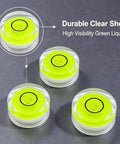 5Pcs Small Circular Bubble Levels with Double Sided Adhesive in clear shell with high visibility green liquid on dark background