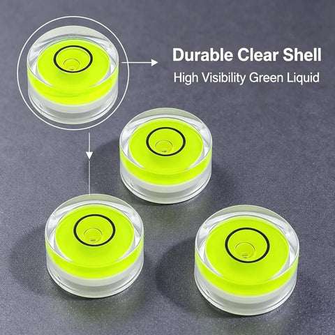 5Pcs Small Circular Bubble Levels with Double Sided Adhesive in clear shell with high visibility green liquid on dark background