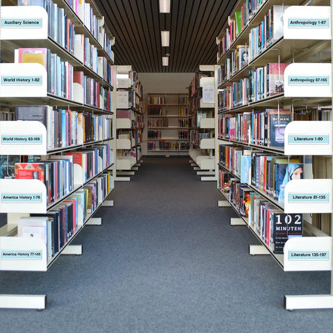 Library aisle with labeled book shelves; signs for Auxiliary Science, Anthropology, World History, and Literature sections visible.