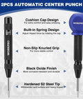 WORKPRO 2-piece automatic center punch set; black knurled metal bodies with blue cap and extra replacement tip