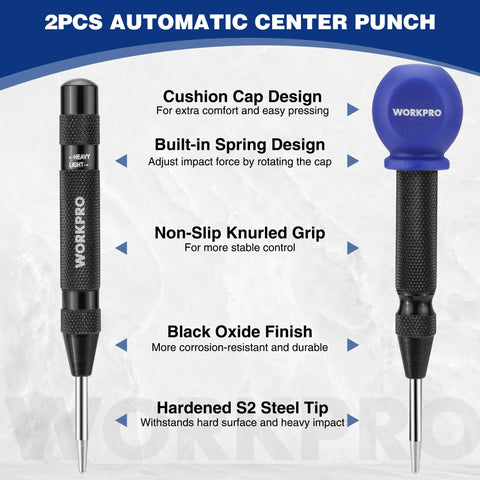 WORKPRO 2-piece automatic center punch set; black knurled metal bodies with blue cap and extra replacement tip