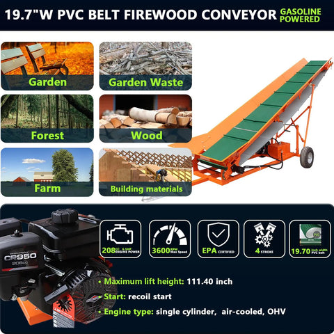 Gas Powered Firewood Conveyor with 19.7 Inch Wide PVC Belt, 31 Ft Long, 208cc 6.5HP Engine, Orange, used for agriculture and landscaping.
