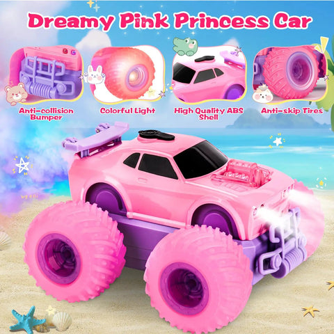 Princess Themed Remote Control Monster Truck for Girls with DIY Sticker Kit and Colorful Wheel Lights on sand