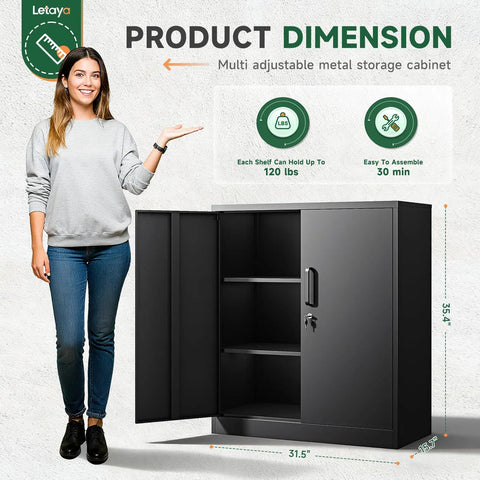 Woman standing beside heavy duty metal storage cabinet with locking doors, 2 door steel locker, adjustable shelves, black powder coated.