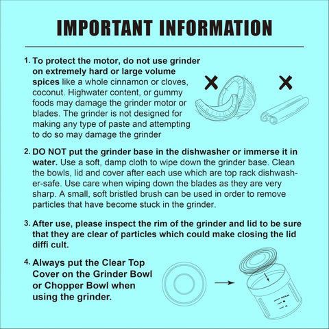 Important information and care instructions for Electric Coffee And Spice Grinder With Dual Stainless Steel Blades.