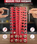 Front view of red wall-mount bolt thread gauge with SAE and metric sizes; bolt on left, drill bit on right for scale.