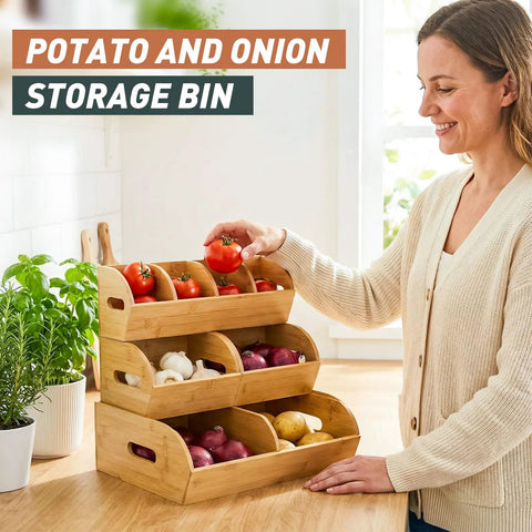 Three Tier Stackable Bamboo Veggie And Fruit Storage Bins, Ventilated Pantry Organizer With Slide Out Design For Onion, Potato, And Produce