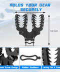 ATV Dual Tool Holder With Bow Rack Grips And Rubber Straps, Tiltable Mount detail, 9.1x9.5 inch dimensions, thumb screw design shown