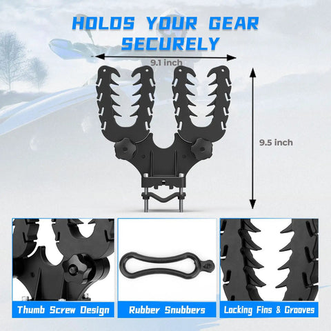 ATV Dual Tool Holder With Bow Rack Grips And Rubber Straps, Tiltable Mount detail, 9.1x9.5 inch dimensions, thumb screw design shown