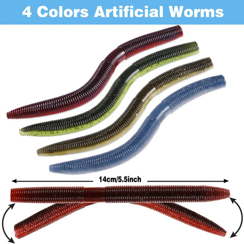 5.5 Inch Wacky Worm Lure Kit With 133Pcs Soft Plastic Lures in four colors for bass and trout fishing; includes size indicators.
