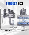 Heavy Duty 3 Inch 360 Swivel Clamp On Bench Vise Drops A Knockout 800 Pound Lockdown Grip dimensions showing jaw opening and clamping force.