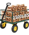 Heavy Duty 1500 Lbs Capacity Mesh Steel Garden Cart With Folding Removable Sides On Wheels loaded with firewood