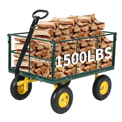 Heavy Duty 1500 Lbs Steel Garden Cart With 3 In 1 Utility Wagon loaded with firewood, mesh sides, on yellow wheels, dark green frame