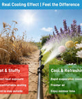 Outdoor Patio Misting System Kit 20Ft with Upgraded 4th Gen Nozzles in garden, showing cooling effect on plants and pathway.