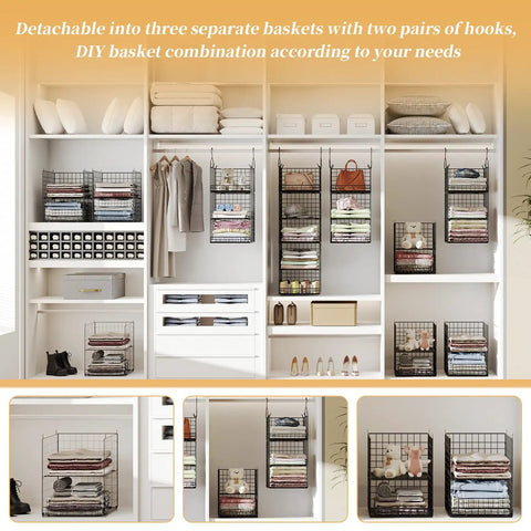 Closet with 6 Tier Hanging Closet Organizer Dope Space Saving Shelf System With Foldable Shelves And Adjustable Dividers, Black