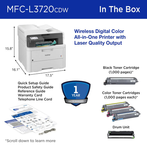 Go To Wireless Color Laser Printer With Scanner, Copier And Fax, Auto Duplex, 250 Sheet Capacity, includes guides and cartridges