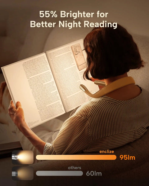 Woman reading with a Dual LED Neck Reading Light With Two Independent Heads 3 Color Modes And 9 Brightness Levels Ultra Lightweight And Comfy Design Long Lasting Battery Perfect For Reading In Bed Knitting Crafting Or Camping Gold Rose.