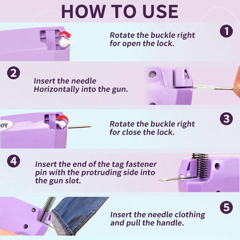 Instructions for using Stitch Gun for Clothes Handheld Sewing Kit With Safety Storage Box, showing steps to load and operate.