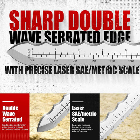 Front view of PINOZE 11-inch insulation knife with stainless steel blade, laser scale, dual-side serrated edge and sheath.