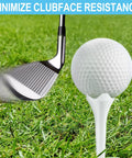 Golf ball on 1.5 Inch Plastic Golf Tees Pack Of 120 with Low Friction Tech on grass, highlighting clubface resistance reduction.