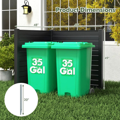 Two Panel Outdoor Privacy Screen For AC Unit And Trash Can Enclosure, 48 By 48 Inches, Black, with two green trash cans