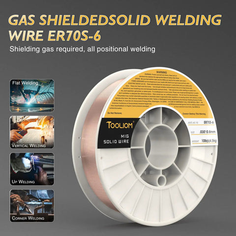 0.030 Inch ER70S-6 MIG Welding Wire 10Lb Spool For Solid Carbon Steel, 0.8mm, shown with gas shielded welding uses.
