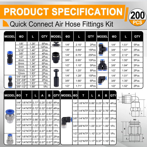 200 Piece Pneumatic Air Hose Push To Connect Quick Release Fittings Set With Straight Unions Elbows Tees Y Splitters Valves And Caps Comprehensive Connector Assortment Kit product specification chart