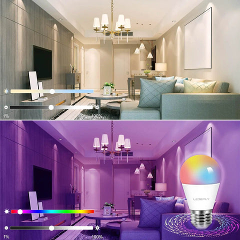 Living room with Color Changing Smart A15 LED Bulb With Dimmable WiFi Control, E26 Base, warm to colorful lighting