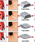Beast Of A 4 In 1 Heavy Duty Upholstery Staple Gun Kit showing D, U, T, and I shaped staples with size dimensions.