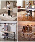 Heavy Duty Table Leg Extenders Providing Three Level Height Adjustable Folding Risers To Quickly Raise Surfaces To Bar Height And Act As A Smart Back Saver For Makers No Sweat Tool Free Install Fits Straight Or Curved Legs Shipped As Four Sturdy Black in use with various activities including ironing, crafting, and outdoor dining.