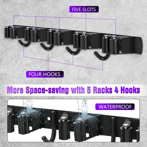 Space Saving Wall Mount Broom And Mop Holder With Five Slots And Four Hooks Self Adhesive Matte Black Garage Rack And Tool Organizer For Closet Door Cabinet Laundry Room
