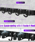 Mop And Broom Organizer Wall Mount With Five Racks And Four Hooks, Self Adhesive Black Garage Storage, Space Saver, Waterproof Feature