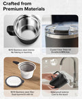 Rechargeable Self Heating Coffee Mug With Adjustable Temperature Control And Charging Base 16 Oz shown with stainless steel and Tritan lid materials.