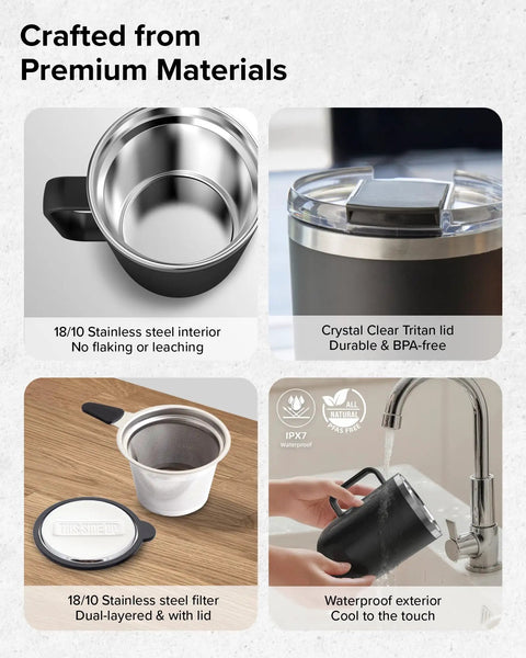 Rechargeable Self Heating Coffee Mug With Adjustable Temperature Control And Charging Base 16 Oz shown with stainless steel and Tritan lid materials.