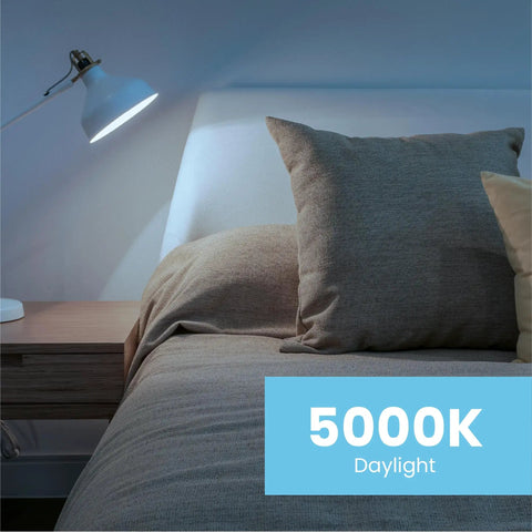 A19 LED Light Bulbs 60W Equivalent Non Dimmable, 800 Lumens, E26 Base, Daylight 5000K illuminating a bedroom scene