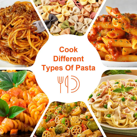 Various pasta dishes with sauces around text 'Cook Different Types Of Pasta', showcasing versatility with Microwave Pasta Pot With Strainer Lid And Measuring Cup Clip, Quick 10 Minute Cook For 1 To 4 Servings, No Mess, No Fuss, No Sticking, No Boil Waiting, Easy Pasta Cooker For Dorm Office College Essentials.