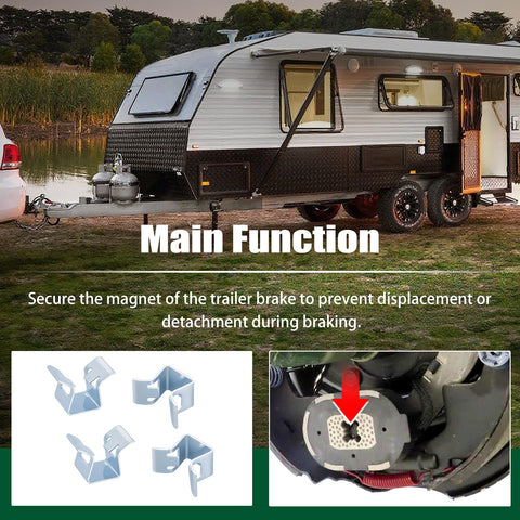 Collage showing Houoto BP19-005 magnet retainer clips for Dexter 12.25-inch electric trailer brake magnets; 4 pcs.