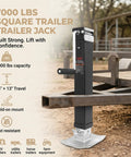 Built Like A Tank 7000Lb Square Drop Leg Trailer Jack With Weld On Pipe Mount And Side Wind Crank For Heavy Utility Livestock Haulers showing a 7000 lbs capacity trailer jack mounted on a trailer.