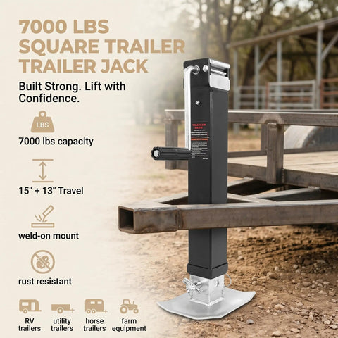 Built Like A Tank 7000Lb Square Drop Leg Trailer Jack With Weld On Pipe Mount And Side Wind Crank For Heavy Utility Livestock Haulers showing a 7000 lbs capacity trailer jack mounted on a trailer.