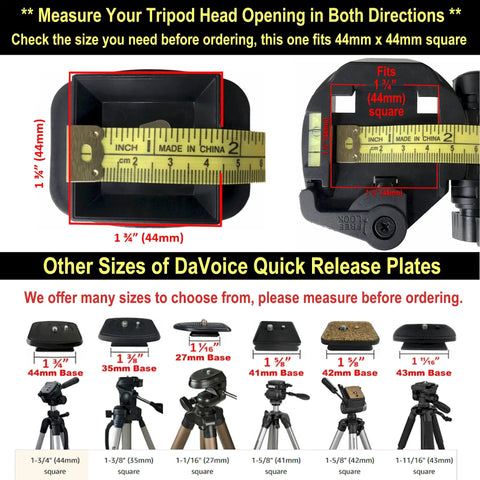 44mm Quick Release Tripod Plate Mount Adapter for Cameras and Video Gear, shown with measurement and fitting guide.