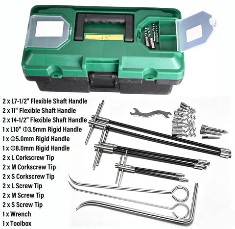 Pro-Grade 23-Piece Packing Puller Kit: Stainless Steel Gland Extractor Set with toolbox and various shafts, tips, hooks for valve maintenance.
