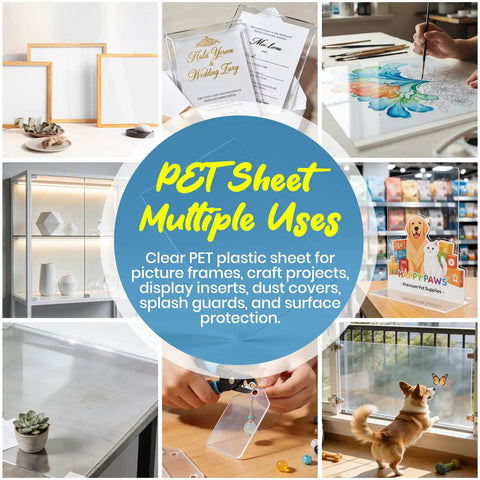 Top Shelf Clarity PET Plastic Sheets 3 Pack 24 By 36 Inches 0.04 Thick Shatterproof Plexiglass Alternative in various uses like frames and crafts.