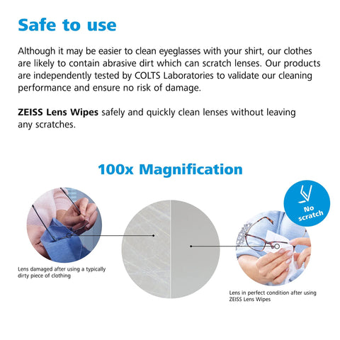ZEISS lens cleaning wipes, pre-moistened, 200-count with 100x magnification diagram and no-scratch badge
