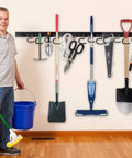 64 Inch Garage Storage Organizer Wall Mount For Tools And Cleaning Essentials, displaying organized tools with hooks and rails