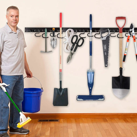 64 Inch Garage Storage Organizer Wall Mount For Tools And Cleaning Essentials, displaying organized tools with hooks and rails