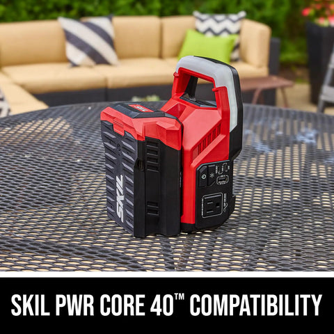 Built Tough 40V Power Inverter Dropping 300W Steady And 500W Peak Wattage showing red and black design for outdoor use.